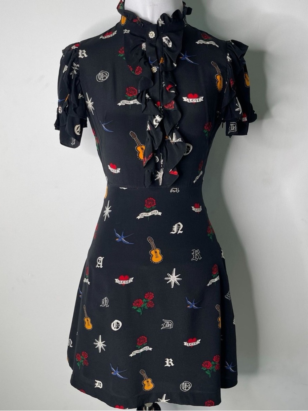 SANDRO Raffle A-Line Tattoo Print Buttoned Stand Collar Black Silk Mini Dress